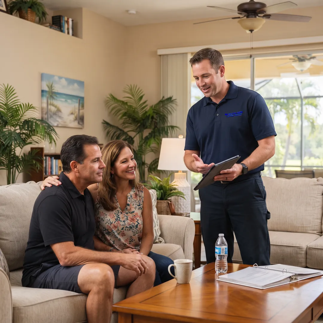 Island Aire technician explaining an AC system to a homeowner family in Southwest Florida