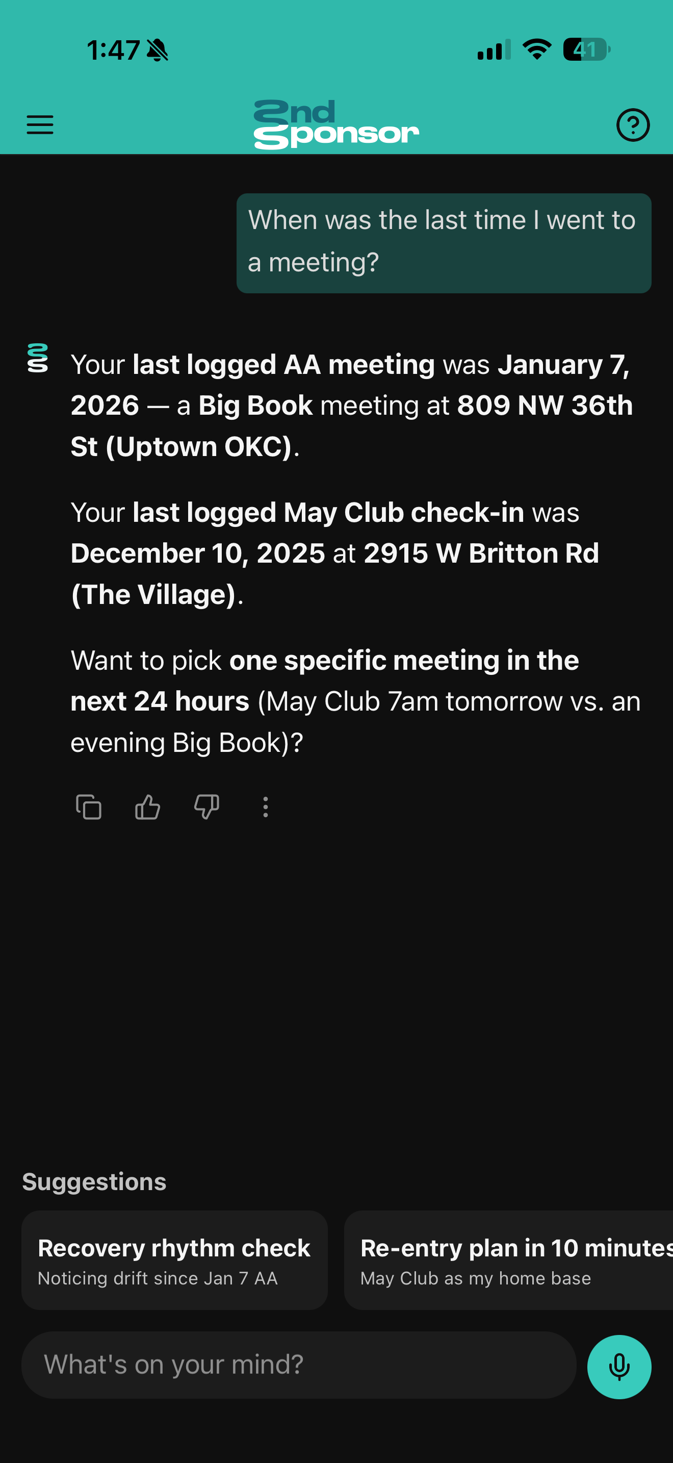 Second Sponsor app screenshot demonstrating long-term memory feature tracking recovery progress and personal history
