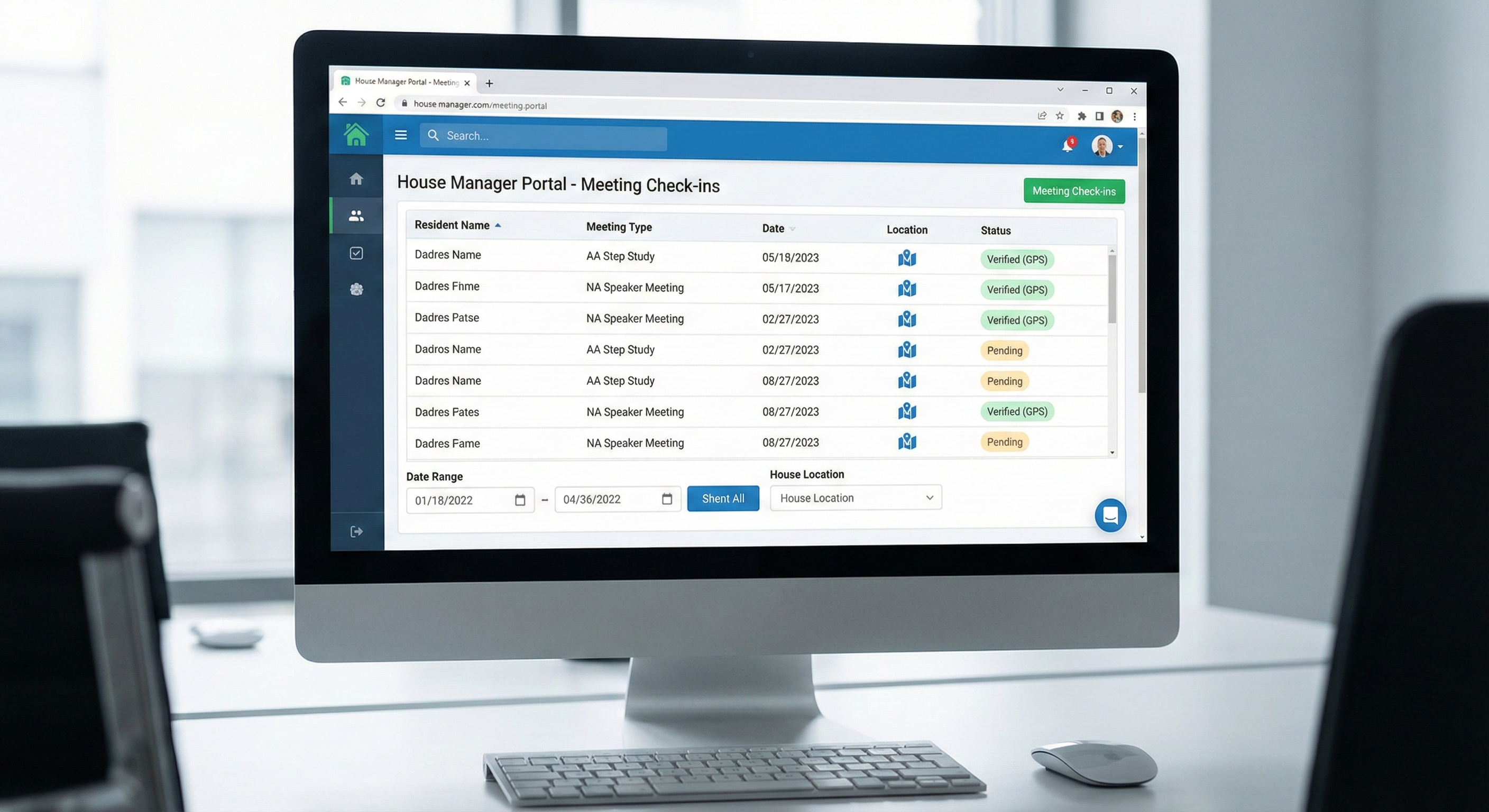 Second Sponsor admin portal showing GPS-verified meeting attendance dashboard with resident check-ins and exportable reports